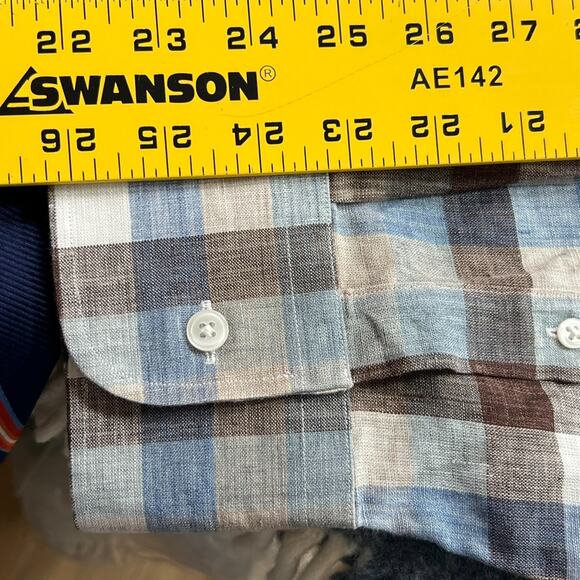J. Hilburn Shirt Button Up Mens Brown Blue Plaid 100% Linen Collared Tailor - Picture 11 of 11